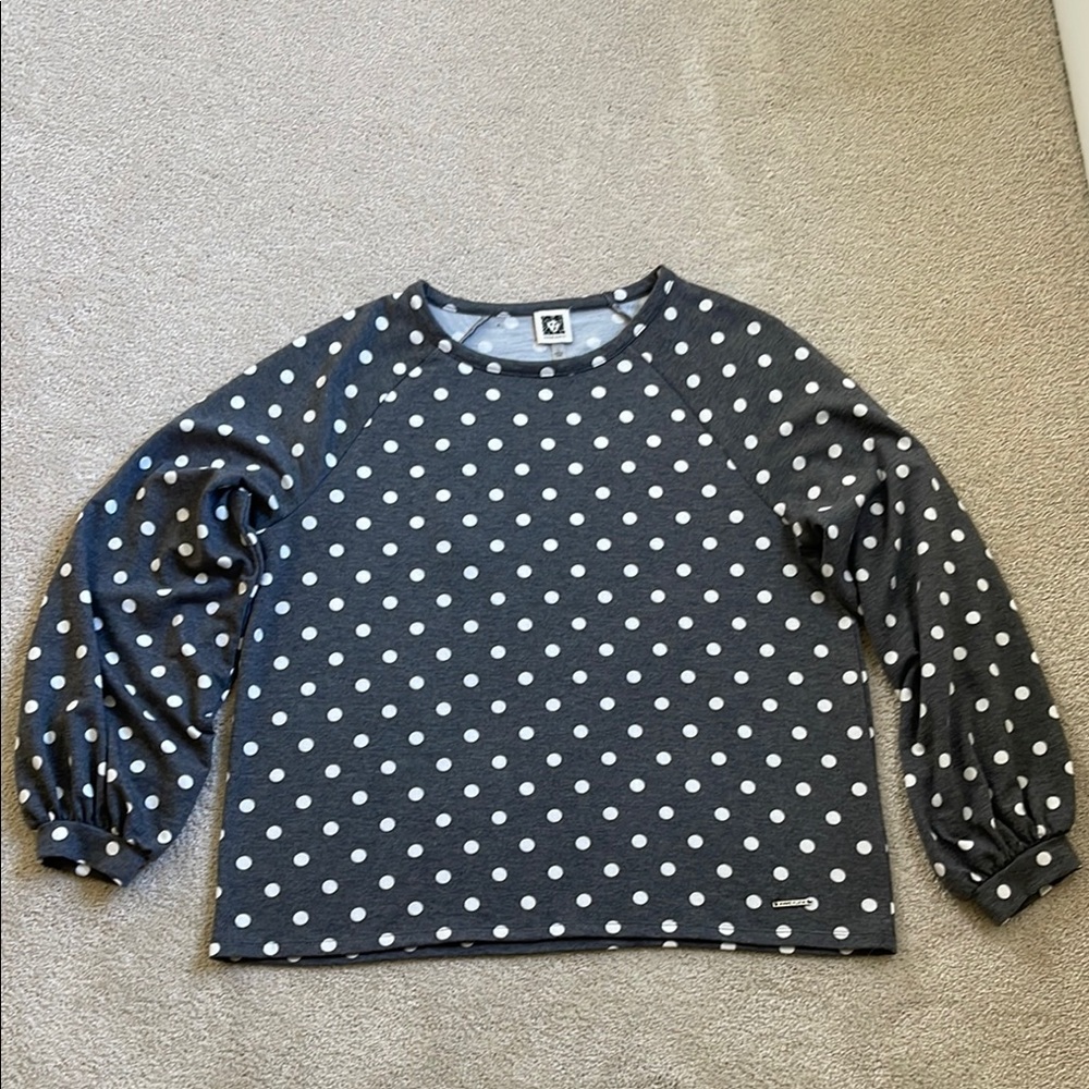 Anne Klein Gray and White Polka Dot Top with Balloon Sleeves